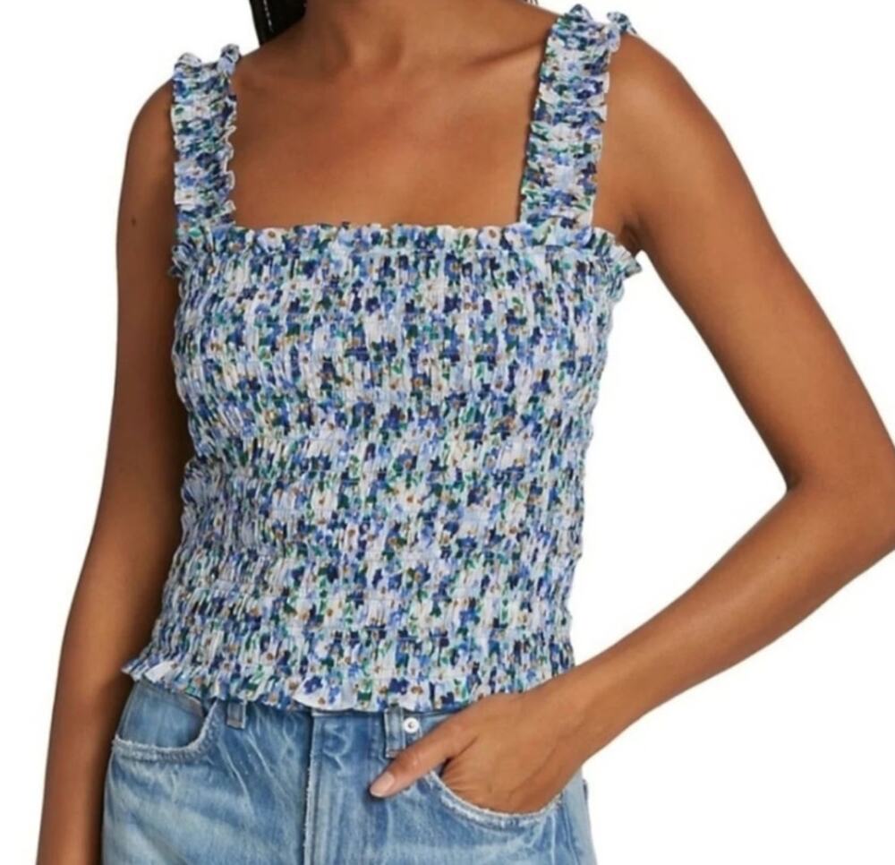VERONICA BEARD Averie Smocked Tank Top Large Blue Cobalt Floral Print NWOT